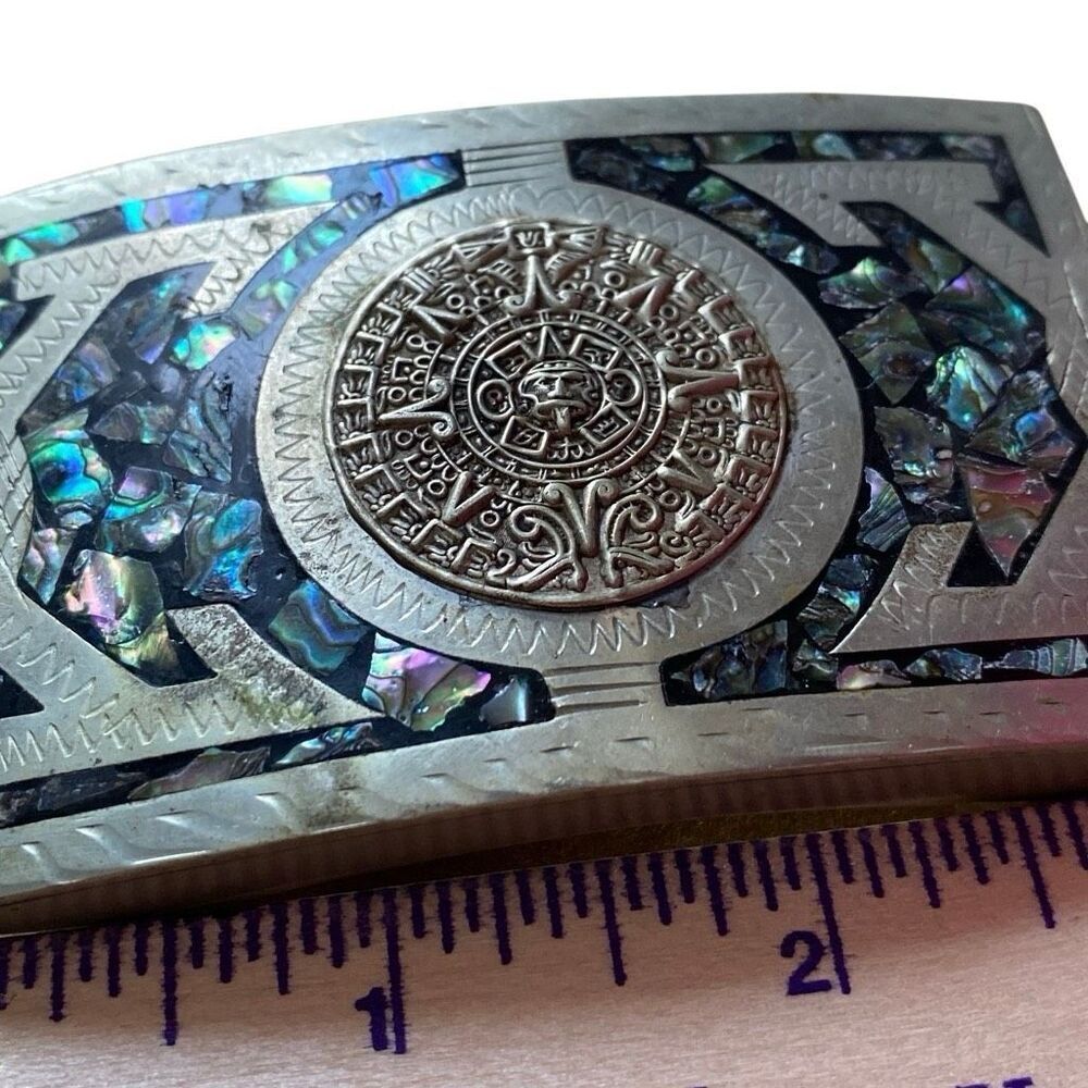 Vintage Mexican Silver And Abalone Belt Buckle Shell The Aztec Calander vtg - Picture 6 of 11